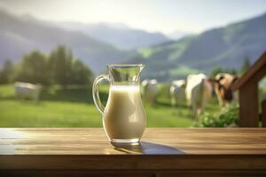 AI generated Glass pitcher with fresh milk on a wooden table. AI Generated photo