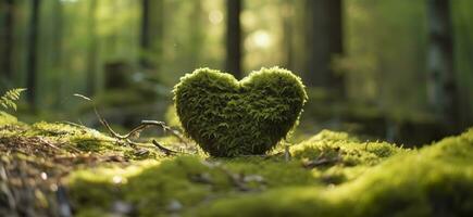 ai generado de cerca de de madera corazón en musgo. natural entierro tumba en el bosque. generativo ai foto