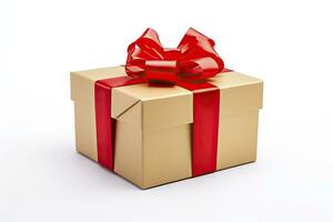 AI generated Gift box with red ribbon isolated on white background. AI Generated photo