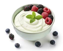 AI generated Green bowl of greek yogurt and fresh berries isolated on white background. AI Generated photo