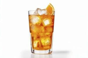 AI generated A glass of orange soda water with ice cubes on white background. AI Generated photo