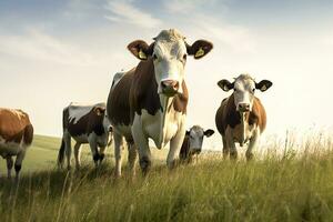 ai generado grupo de vacas en pie en un herboso campo. ai generado foto