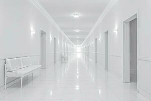 AI generated Interior design of a modern luxurious white building corridor or hallway with waiting seat. AI Generated photo