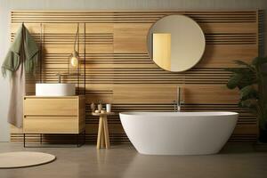 AI generated Interior of stylish bathroom with wooden cabinet, sink, bathtub, and mirror. AI Generated photo