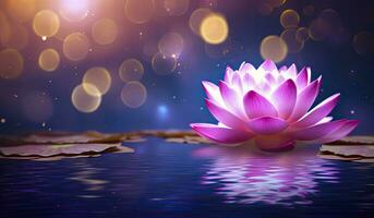 AI generated Lotus Pink light purple floating light sparkle purple background. AI Generated photo