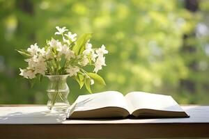 ai generado jazmín flores en un florero y abierto libro en el mesa, verde natural antecedentes. ai generado foto