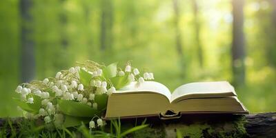 AI generated Lily of the Valley flowers and old books in the forest, green natural background. AI Generated photo