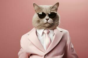 AI generated A cat is wearing sunglasses and suit on Pink Background. AI Generated photo