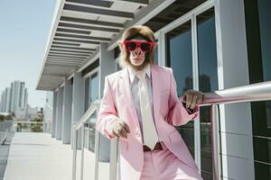 AI generated A Monkey is wearing sunglasses, suit and standing on street. AI Generated photo