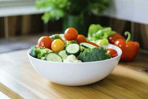 ai generado cocina todavía vida con blanco cuenco de lavado vegetales en de madera escritorio. ai generado foto