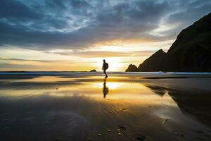 ai generado un persona caminando en el playa a puesta de sol. ai generado. foto