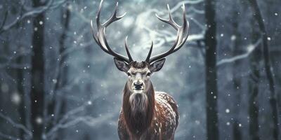 AI generated Noble deer male in the winter snow forest. Artistic winter Christmas landscape. AI Generated photo