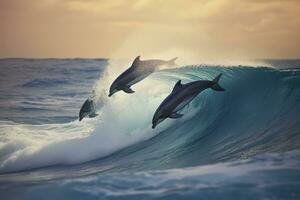 ai generado juguetón delfines saltando terminado rotura ondas. Hawai Pacífico Oceano fauna silvestre escenario. generativo ai foto