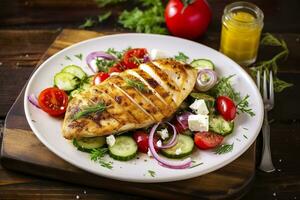 AI generated Seared chicken breast and Greek salad on a wooden table. Generative AI photo
