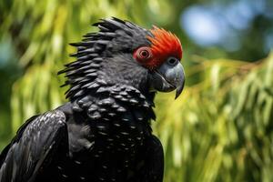 ai generado un preciosa rojo cola negro cacatúa. ai generado foto