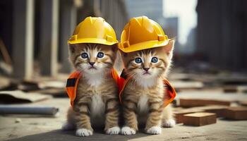 ai generado dos gatitos vistiendo difícil sombreros en un construcción sitio. generativo ai foto