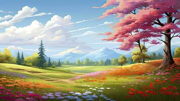 AI generated Spring season with colorful flowers and trees in a pretty meadow or field. AI Generated. photo