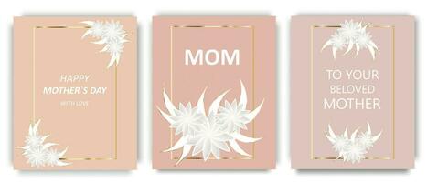 Mothers Day. Vector illustration with flowers and gold frame on a trendy peach background. Elegant backgrounds, layout template, design for poster, banner, flyer, invitation.