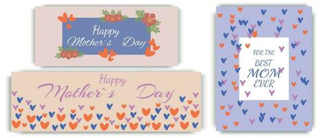 contento de la madre día, conjunto de sencillo tarjetas, pancartas o antecedentes con corazón marco y floral modelo en moderno plano estilo para decoración, saludos, embalaje, imprimir, web, promoción, rebaja vector