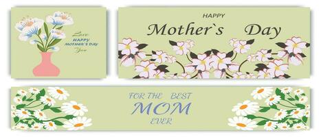 Design for Mother's Day. Set of greeting cards and banner in modern art style. Abstract background with spring flowers in pastel colors on a delicate olive background. Mother's Day templates for card vector