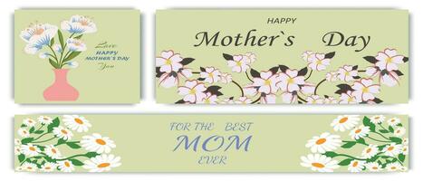 Design for Mother's Day. Set of greeting cards and banner in modern art style. Abstract background with spring flowers in pastel colors on a delicate olive background. Mother's Day templates for card vector