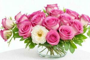 AI generated Beautiful bouquet flowers pink roses in vase. Valentines Day. Mothers Day anniversary. Pro Photo