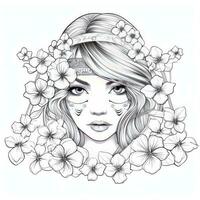 AI generated A girl on a coloring book page with Jasmine flowers. AI Generated photo