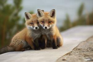 AI generated Wild baby red foxes cuddling at the beach. Generative AI photo