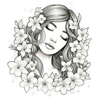 AI generated A girl on a coloring book page with Jasmine flowers. AI Generated photo