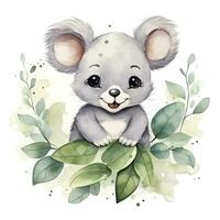 AI generated Happy cute koala in leaves in the watercolor style on the white background. AI Generated photo