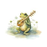 AI generated Watercolor green frog playing a tiny musical instrument on white background. AI Generated photo