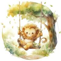 AI generated Cute and happy baby lion on swings on the tree in watercolor style. AI Generated photo