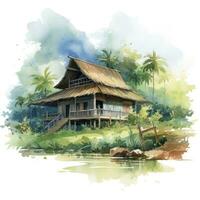 AI generated A watercolored bright serene image of a traditional bahay kubo. AI Generated photo