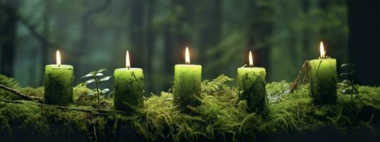 AI generated Burning candles on moss, dark green blurred the natural background. Magic candle. Generative AI photo