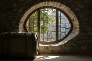 ai generado barril en un antiguo castillo junto a el ventana. ai generado foto