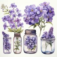 AI generated Collection of watercolor mason jars with purple flowers clipart. AI Generated photo