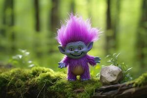 AI generated Tale troll with crystals in the forest, natural green background. Generative AI photo