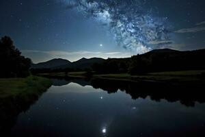 ai generado lechoso camino reflejado en lago. ai generado foto