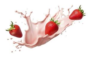 AI generated milk or yogurt splash with strawberries isolated on white background, 3d rendering. AI Generated photo