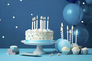AI generated Birthday cake with candles and sweets on white table near blue wall. Generative AI photo