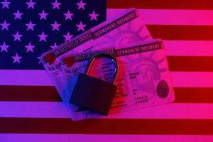 Permanent resident green card for US DV-lottery with small padlock on US flag photo