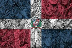 Dominican Republic flag depicted on many leafs of monstera palm trees. Trendy fashionable backdrop photo