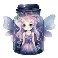 AI generated Watercolor Fantasy Pastel Goth Tiny Fairy in a Jar. AI Generated photo