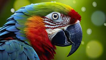 ai generado tropical guacamayo encaramado, vibrante plumas en enfocar. generativo ai foto