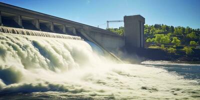 ai generado hidroeléctrico represa generando verde energía desde fluido agua. ai generado. foto