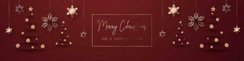 Red gold minimal Christmas banner design. Simple background, elegant geometric minimalistic style. Contemporary papercut luxury greeting backdrop with merry xmas letters for web and advertising. vector