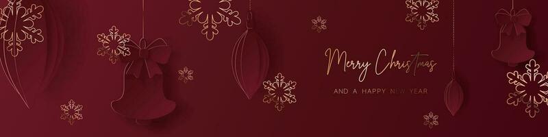 Red gold minimal Christmas banner design. Simple background, elegant geometric minimalistic style. Contemporary papercut luxury greeting backdrop with merry xmas letters for web and advertising. vector