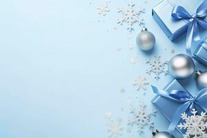 AI generated Christmas Eve concept. Top view photo of blue and silver baubles snowflake ornaments stylish present boxes and confetti. AI Generated