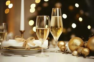 AI generated Christmas table setting with holiday decorations in gold color. AI Generated photo