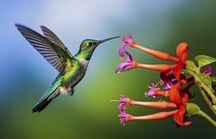 AI generated Hummingbird bird flying next to a beautiful red flower with rain. AI Generated photo